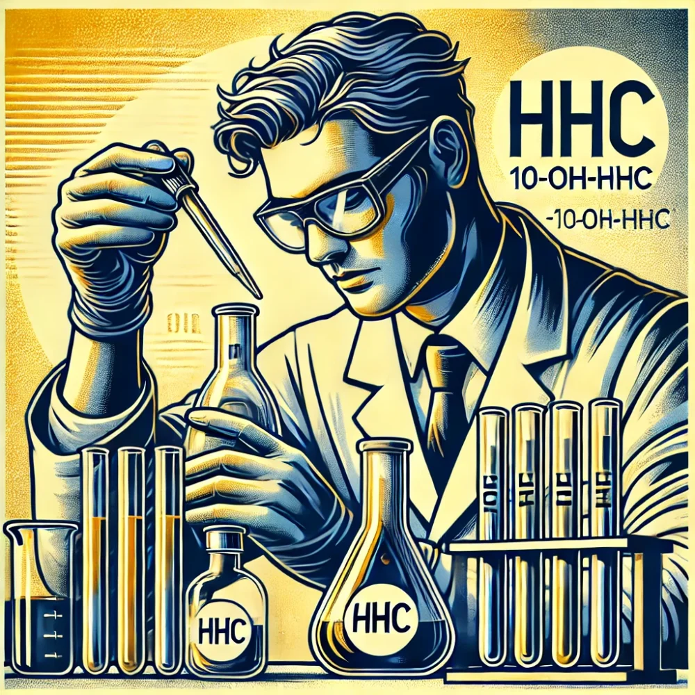 Ilustrasi ilmuwan, teks: HHC, 10-OH-HHC, dan di depannya termos dengan teks HHC, dari mana 10-OH-HHC diproduksi