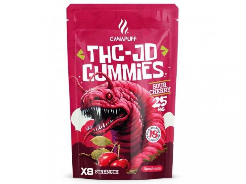 CanaPuff Gomitas de THCJD Cereza agria, 5 piezas x 25 mg THCJD, 125 mg