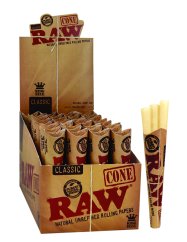 RAW pre-packaged classic unbleached Kingsize Cones 3 pcs, 32 packs per box