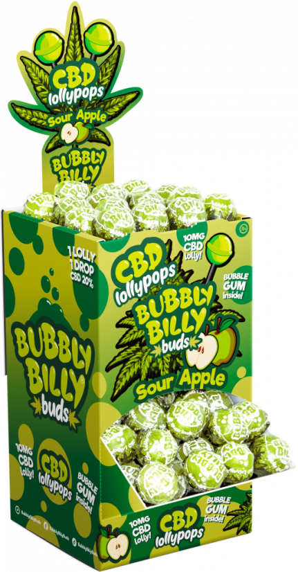 Bubbly Billy Buds 10 mg CBD Lízátka Kyselé Jablko se žvýkačkou uvnitř - Display Box (100 Lollies)