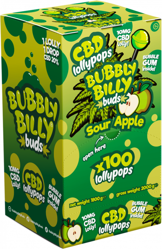 Bubbly Billy Buds 10 mg CBD Lízátka Kyselé Jablko se žvýkačkou uvnitř - Display Box (100 Lollies)