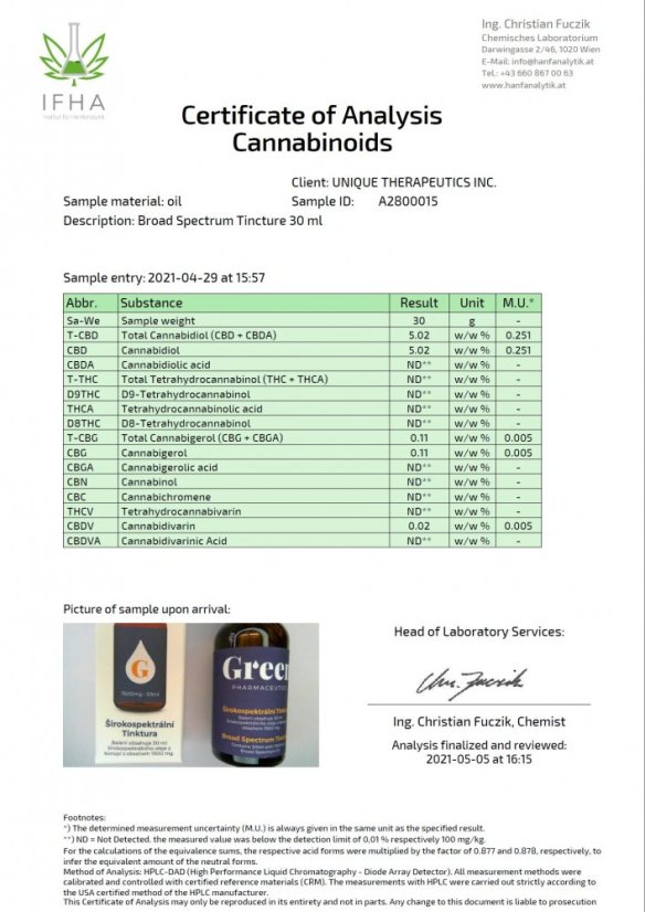 Green Pharmaceutics широкоспектърна тинктура, 5%, 1500 mg CBD, 30 ml