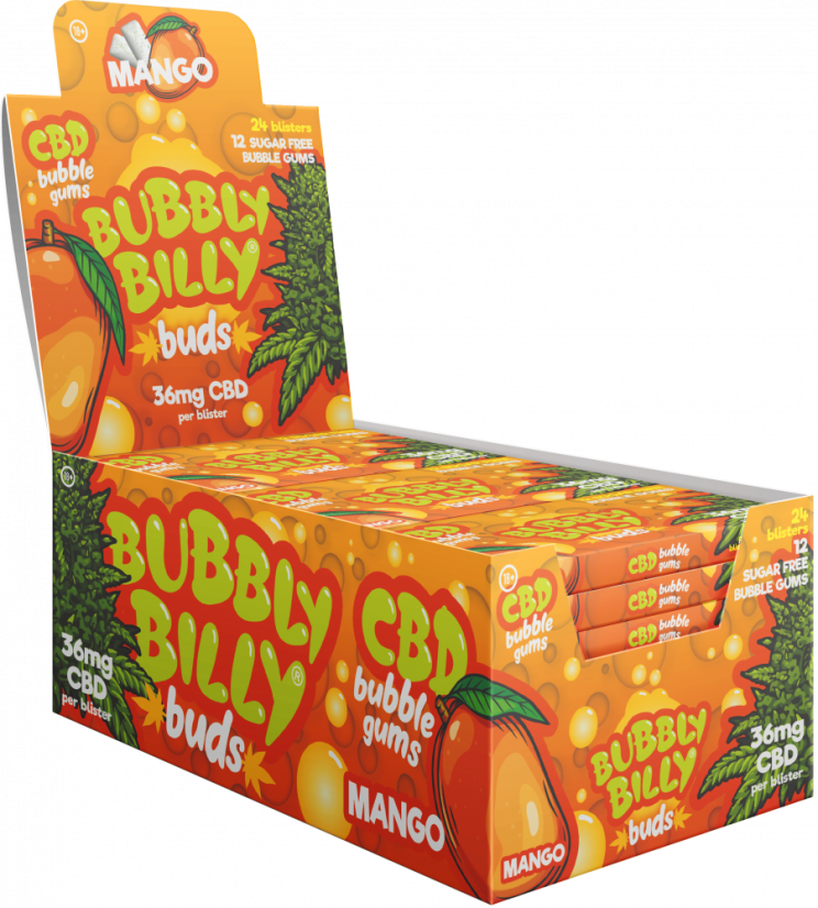 Bubbly Billy Buds Mango Flavoured Chewing Gum (36 mg CBD), 24 boxes in display