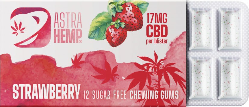 Astra Hemp Strawberry Hemp Chewing Gum (17 mg CBD), 24 boîtes en présentoir