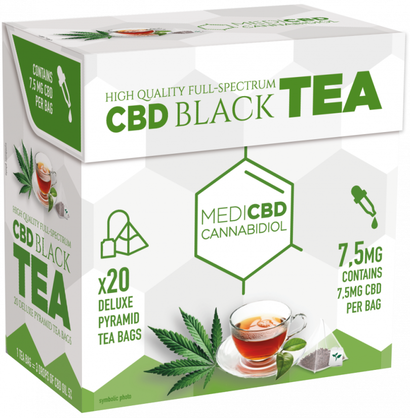 MediCBD svart te (kassi með 20 pýramída tepokum), 7,5 mg CBD - öskju (10 kassar)