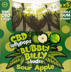 Bubbly Billy Buds 10 mg CBD Saure Apfel-Lollis mit Kaugummi darin – Geschenkbox (5 Lollis), 12 Boxen im Karton