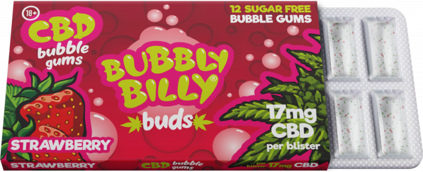 Bubbly Billy Buds მარწყვის არომატული საღეჭი რეზინი (17მგ CBD) 24 ყუთი გამოფენილია