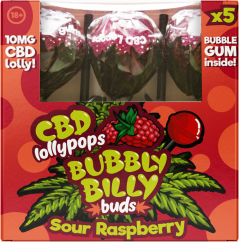 Bubbly Billy Buds 10 mg CBD Sour Raspberry Lollies z gumą balonową w środku – pudełko upominkowe (5 lizaków), 12 pudełek w kartonie