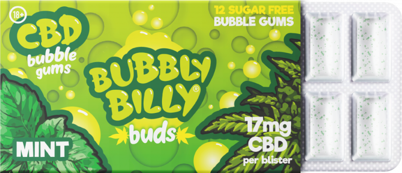 Žuvačka Bubbly Billy Buds s príchuťou mäty (17 mg CBD), 24 krabičiek na displeji