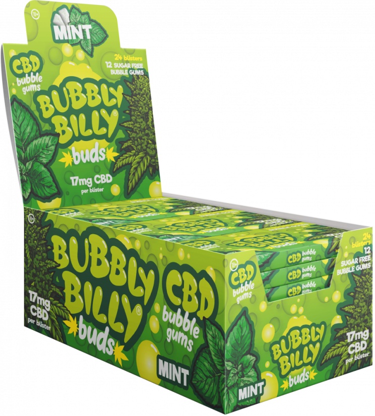 Gomma da masticare Bubbly Billy Buds aromatizzata alla menta (17 mg CBD), 24 scatole in esposizione