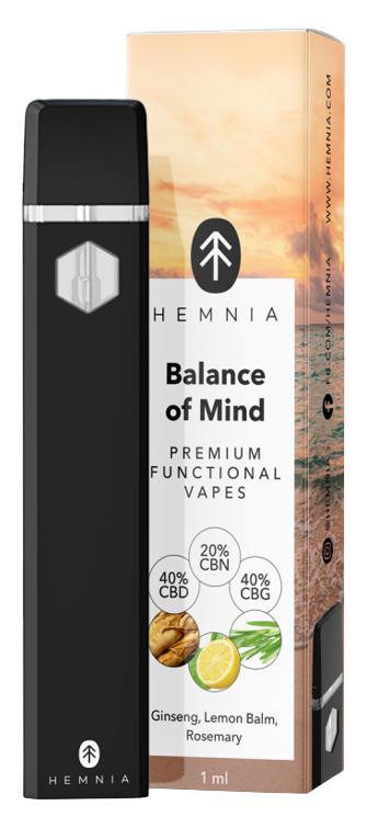 Hemnia Premium Functional Vape Pen Balance of Mind - 40 % CBD, 40 % CBG, 20 % CBN, ġinseng, balzmu tal-lumi, klin, 1 ml