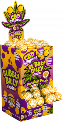 Bubbly Billy Buds 10 mg CBD Passion Fruit Lollies cu Bubblegum în interior - Display Container (100 Lollies)