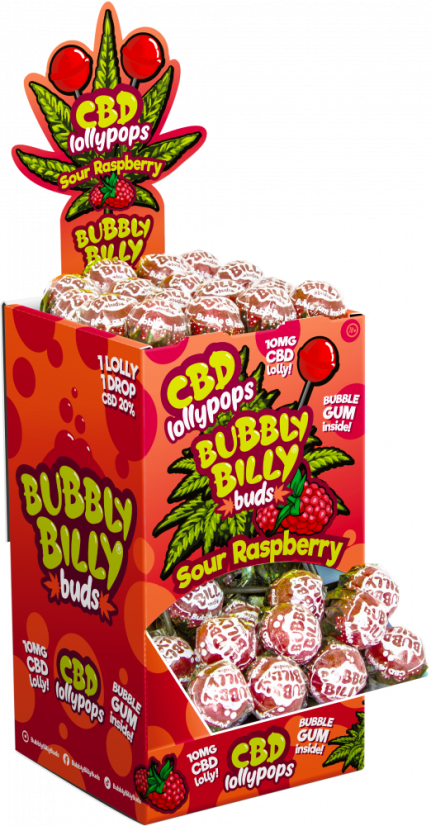 Bubbly Billy Buds 10 mg CBD Saure Himbeer-Lollis mit Kaugummi darin – Displaybehälter (100 Lollis)