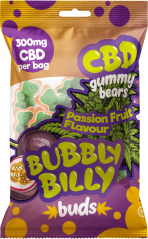 Bubbly Billy Buds Passion Fruit Flavored CBD Gummy Bears (300 მგ), 40 ტომარა მუყაოს კოლოფში