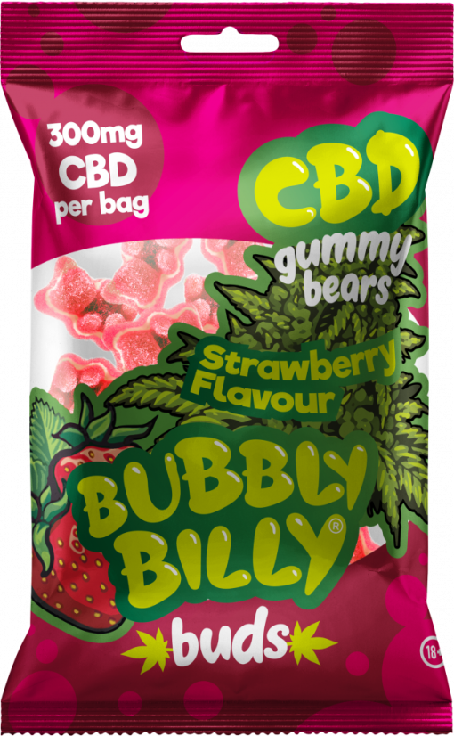 Orsetti gommosi CBD al gusto di fragola Bubbly Billy Buds (300 mg), 40 buste in cartone