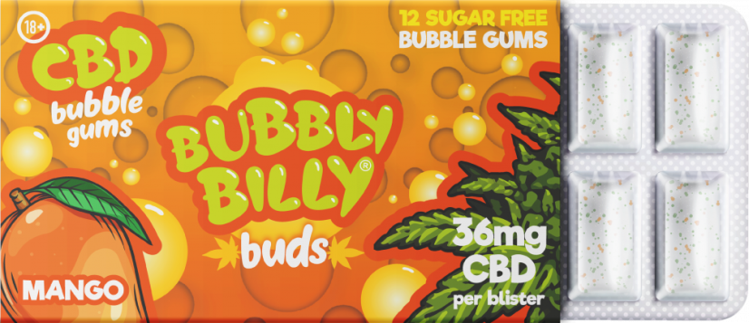 Bubbly Billy Buds Mango Flavoured Chewing Gum (36 mg CBD), 24 boxes in display