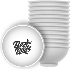Best Buds Silikon blandeskål 7 cm, Hvit med svart logo (12 stk/pose)