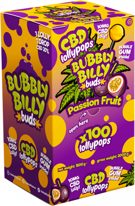 Bubbly Billy Buds 10 mg CBD lízátka Passion Fruit s žvýkačkou uvnitř - Display Box (100 lízátek)