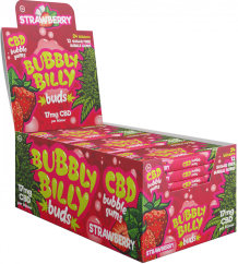 Žuvačka Bubbly Billy Buds s jahodovou príchuťou (17 mg CBD) 24 škatúľ na displeji