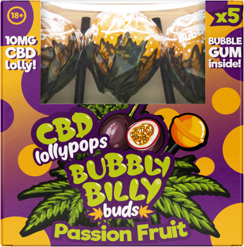 Bubbly Billy Buds 10 mg CBD Lizaki z marakuji z gumą balonową w środku – pudełko upominkowe (5 lizaków), 12 pudełek w kartonie