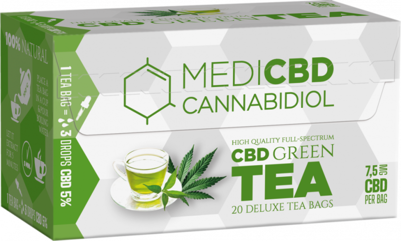 MediCBD zeleni čaj (škatla z 20 čajnimi vrečkami), 7,5 mg CBD - karton (10 škatel)