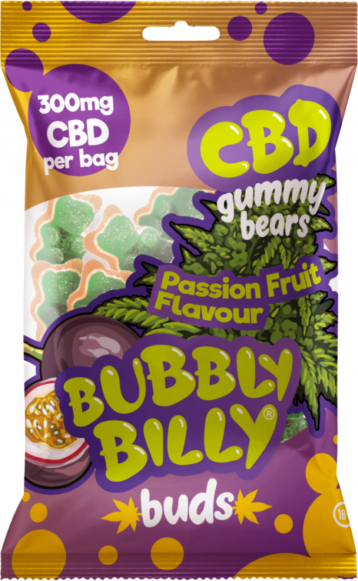 Bubbly Billy Buds pasifloru augļu garšas CBD gumijas lāči (300 mg), 40 maisiņi kartona kastītē