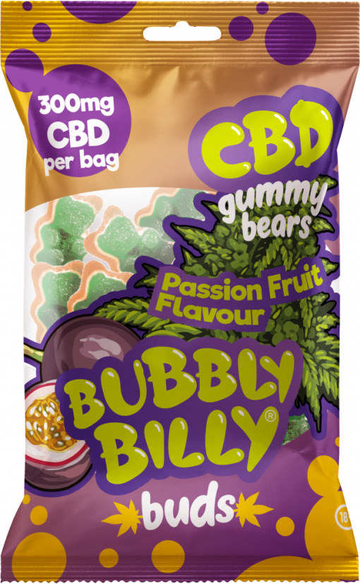 Bubbly Billy Buds Passion Fruit Flavoured CBD Gummy Bears (300 mg), 40 bags in carton