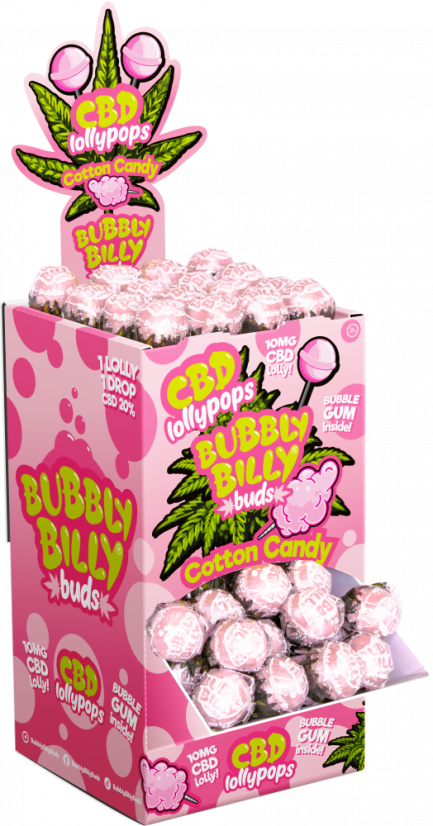 Bubbly Billy Buds 10 mg CBD-Zuckerwatte-Lollis mit Kaugummi darin – Displaybehälter (100 Lollis)