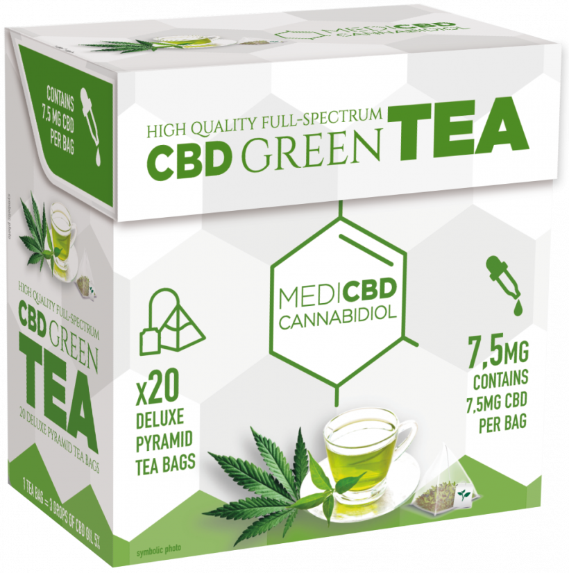 Tè verde MediCBD (scatola da 20 bustine di tè piramidali), 7,5 mg CBD - Cartone (10 scatole)