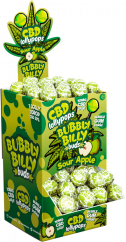 Bubbly Billy Buds 10 mg CBD kisle jabolčne lizike z žvečilnim gumijem v notranjosti – razstavna posoda (100 lizik)
