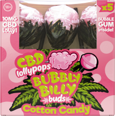 Bubbly Billy Buds 10 mg CBD vattacukor nyalókák, belül rágógumival – ajándékdoboz (5 nyalóka), 12 doboz kartonban