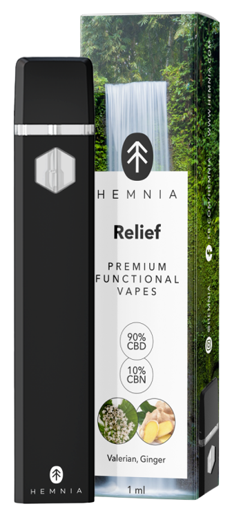 Hemnia Premium Functional Vape Pen Relief - 90 % CBD, 10 % CBN, валеріана, імбир, 1 мл