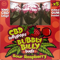 Bubbly Billy Buds 10 mg CBD Sour Raspberry Lollies with Bubblegum Inside – подарункова коробка (5 льодяників), 12 коробок у коробці