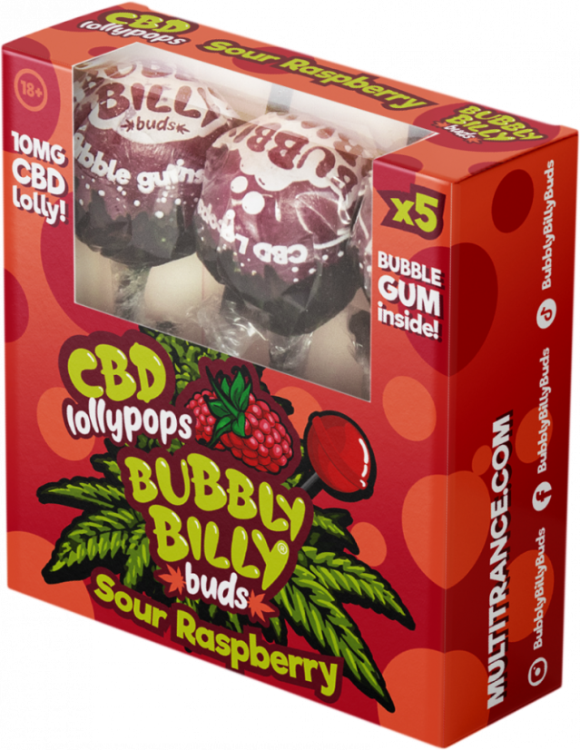 Bubbly Billy Buds 10 mg CBD Sour Raspberry Lollies z gumą balonową w środku – pudełko upominkowe (5 lizaków), 12 pudełek w kartonie