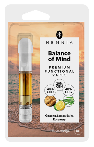 Hemnia Cartridge Balance of Mind - 40 % CBD, 40 % CBG, 20 % CBN, ginseng, βάλσαμο λεμονιού, δεντρολίβανο, 1 ml