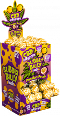 Bubbly Billy Buds 10 mg CBD lízanky s marakujou a žuvačkou vo vnútri - obal na displeji (100 lízaniek)