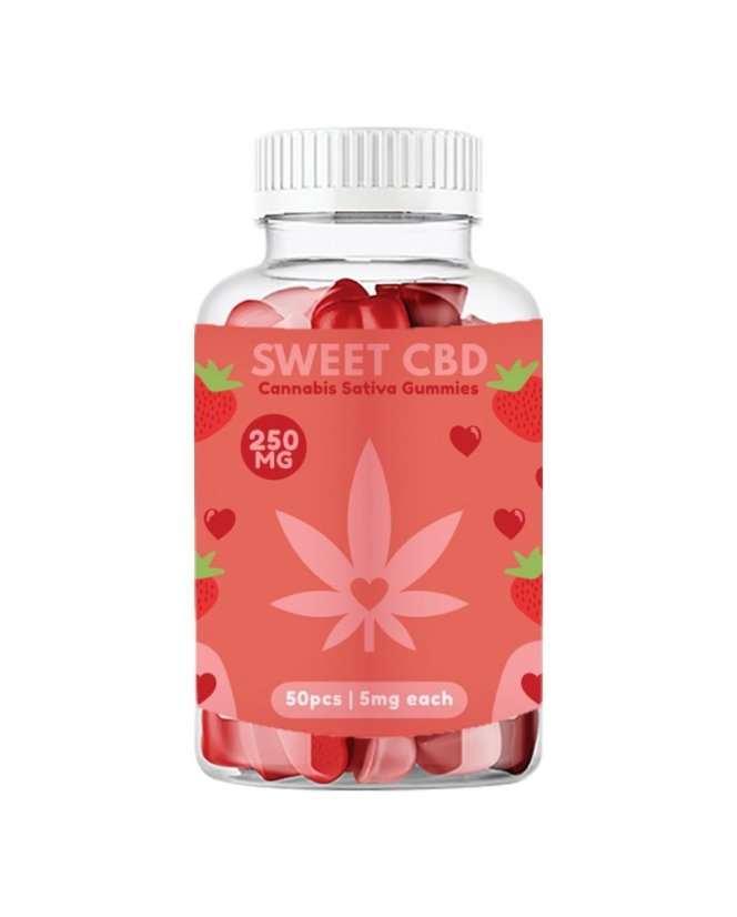 Sweet CBD Love Gummies -karamellit, mansikka, 250 mg CBD, 50 kpl x 5 mg
