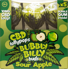 Bubbly Billy Buds 10 мг CBD Sour Apple Lollies with Bubblegum Inside – подарункова коробка (5 льодяників), 12 коробок у коробці