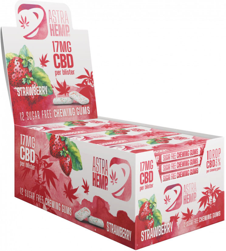 Astra Hemp Strawberry Hemp Chewing Gum (17 mg CBD), 24 boxes in display