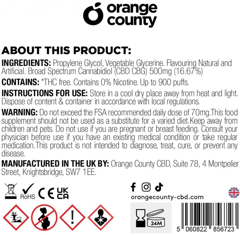 Orange County CBD Vape Pen Mango Ice, 250 mg de CBD + 250 mg de CBG, 2 ml