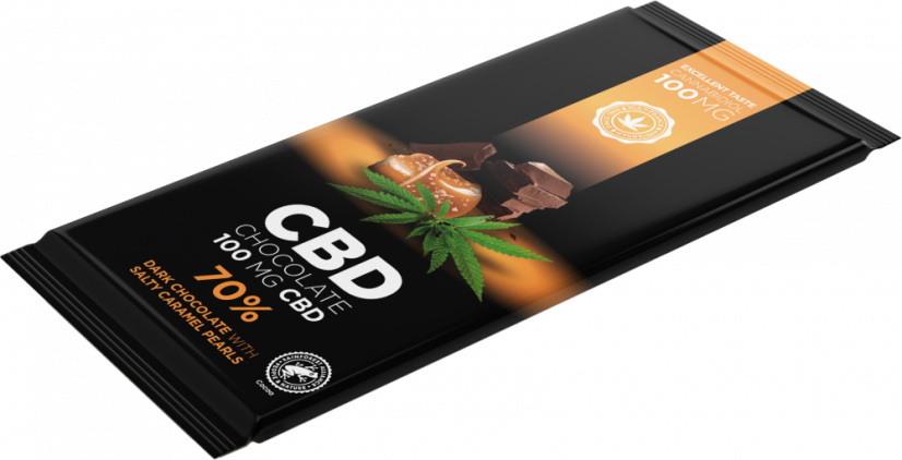 Chocolate oscuro con CBD y perlas de caramelo salado (100 mg de CBD), 15 barras en caja