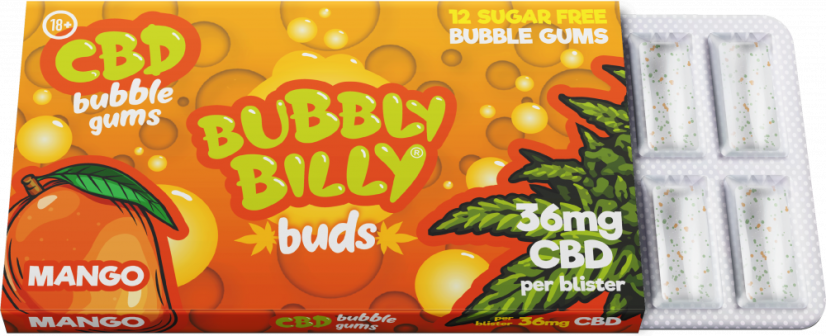 Bubbly Billy Buds Mango Flavoured Chewing Gum (36 mg CBD), 24 boxes in display