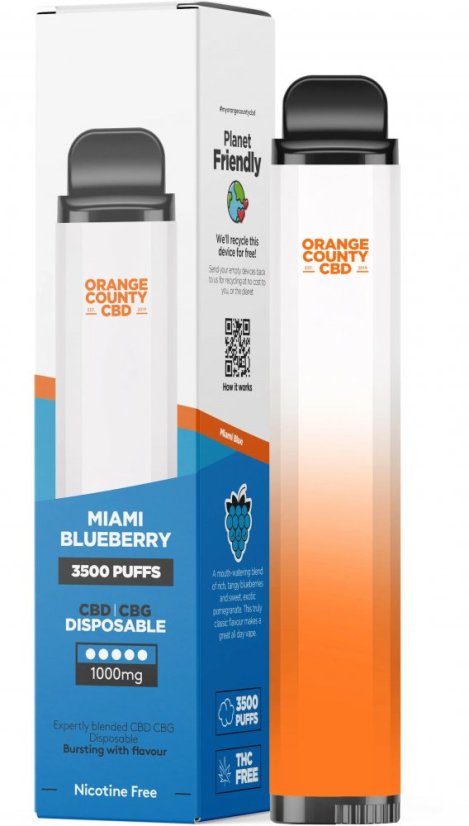 Orange County CBD Caneta Vape Miami Blueberry 3500 Puff, 600 mg CBD, 400 mg CBG, 10 ml (10 unidades/pacote)