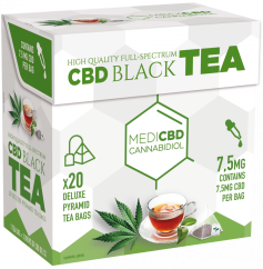 MediCBD черен чай (кутия с 20 пакетчета чай Pyramid), 7,5 mg CBD - кашон (10 кутии)