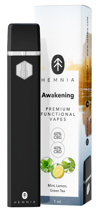 Hemnia Vape Pen Fonctionnel Premium Réveil - 60 % CBG, 40 % CBD, citron, menthe, thé vert, 1 ml