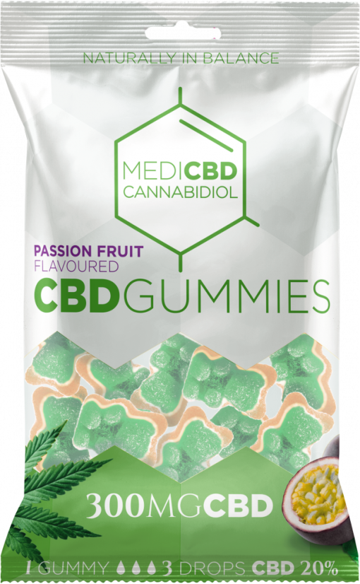 MediCBD Passionsfrukt smaksatt CBD Gummy Bears (300 mg), 40 påsar i kartong