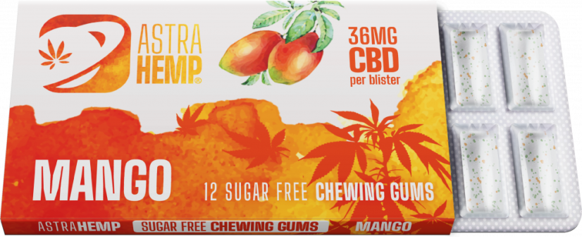 Žuvačka Astra Hemp Mango (36 mg CBD), 24 krabičiek na displeji