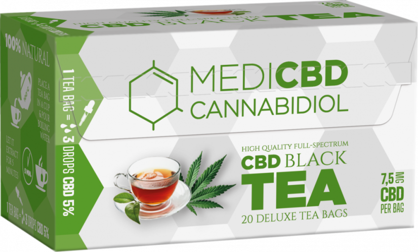 MediCBD juodoji arbata (20 arbatos maišelių dėžutė), 7,5 mg CBD – kartoninė dėžutė (10 dėžučių)