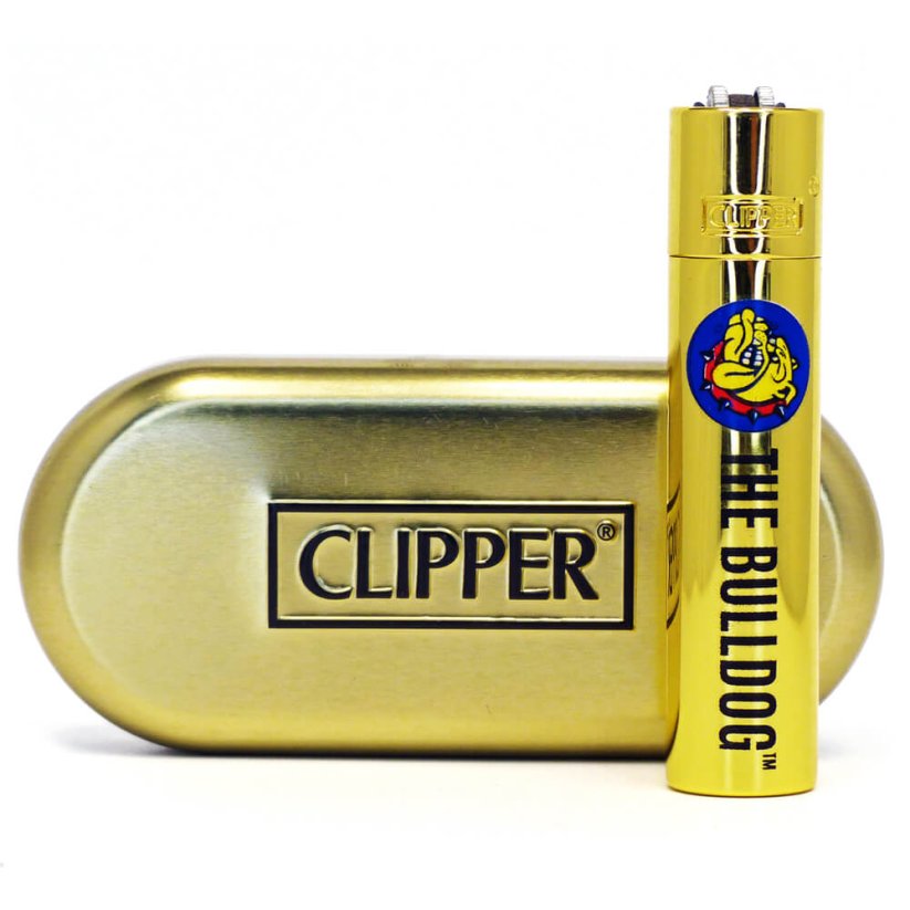 The Bulldog Mecheros Clipper de metal dorado + caja de regalo, 12 piezas/expositor