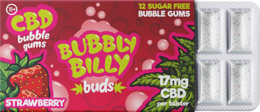 Bubbly Billy Buds მარწყვის არომატული საღეჭი რეზინი (17მგ CBD) 24 ყუთი გამოფენილია